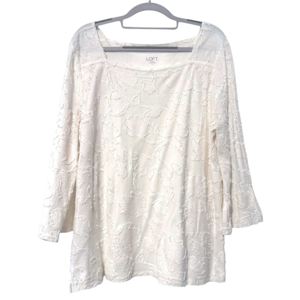 Loft Outlet Square Neck‎ Floral Textured Bell Sleeve Blouse Off White XL